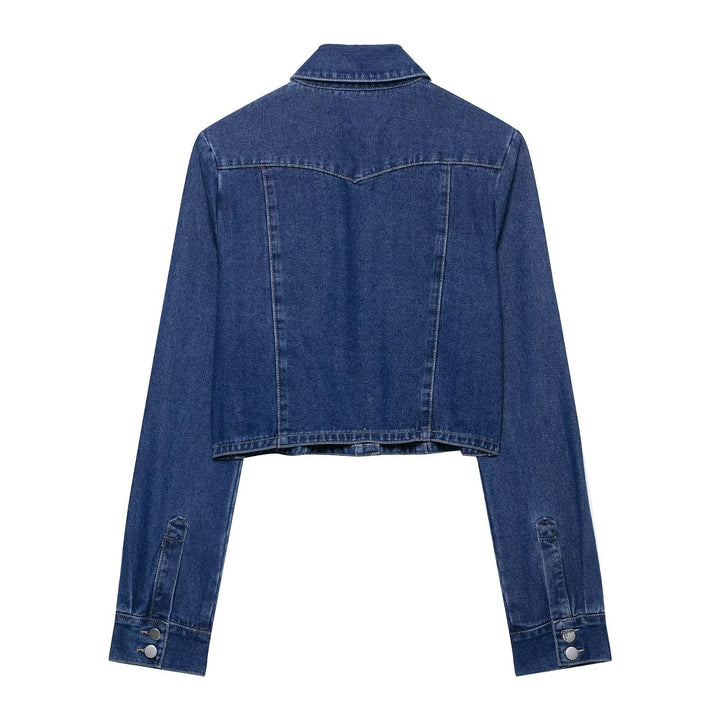Dam Kort Skärning Denim Jacka med Bröst Fickor och Tryckknapp Slå