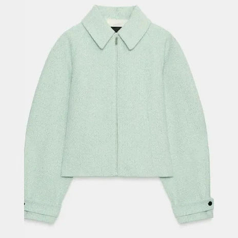 Dam Kort Bouclé Blouson med Dold Dragkedja och Skjort Krage