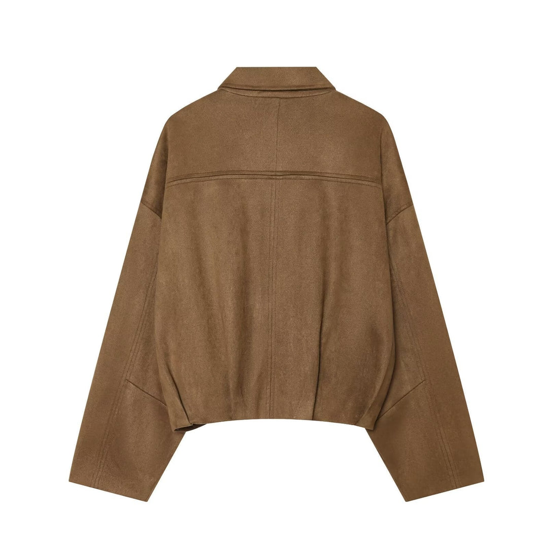 Dam Kort Cape Jacka i Oversize Suede Look med Dold Knapp Knäppning
