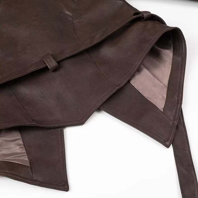 Dam kort blazer läder jacka med Shawl krage, midjebälte och Lacing Detail