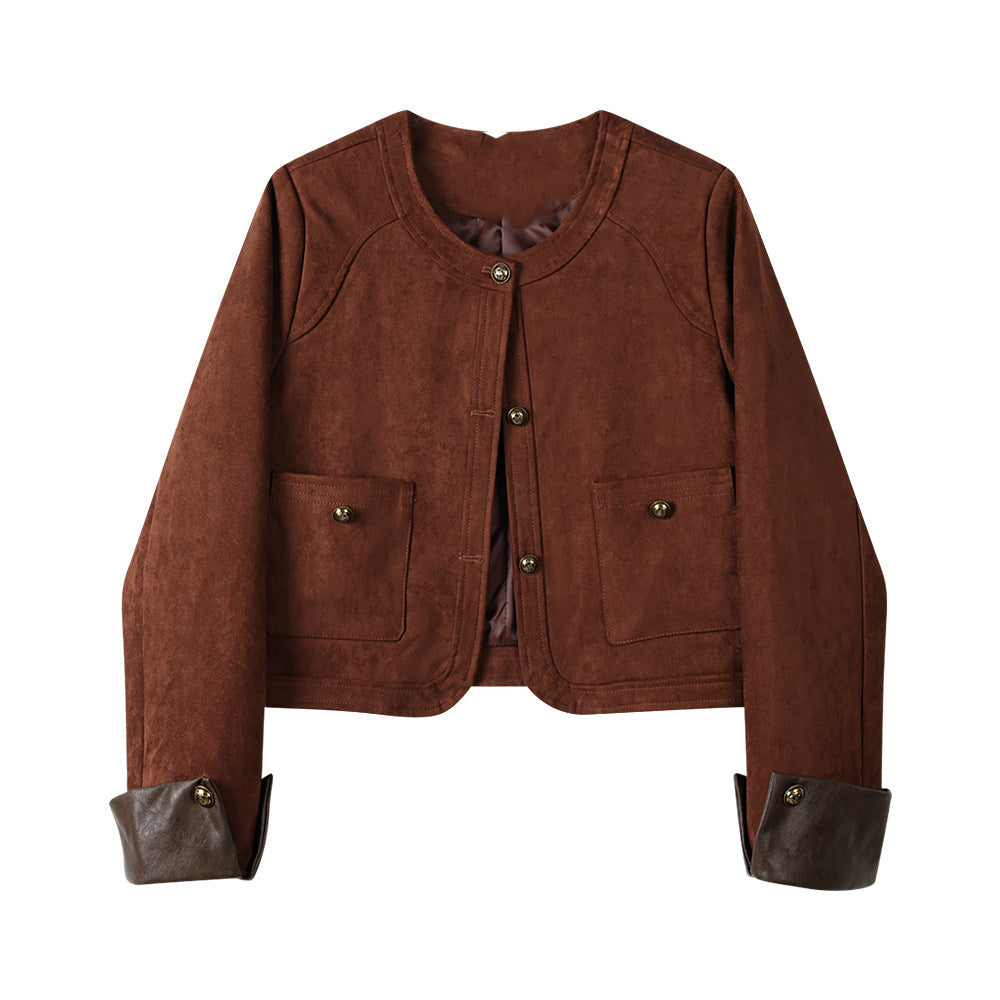 Dam kort jacka gjord mocka läder med round neck, utanpåfickor &amp; turn-up muddar
