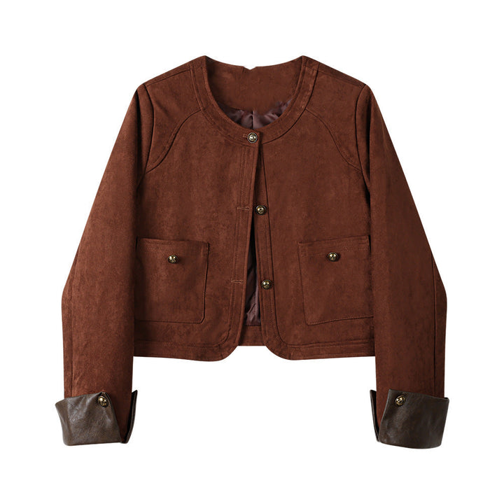 Dam kort jacka gjord mocka läder med round neck, utanpåfickor &amp; turn-up muddar