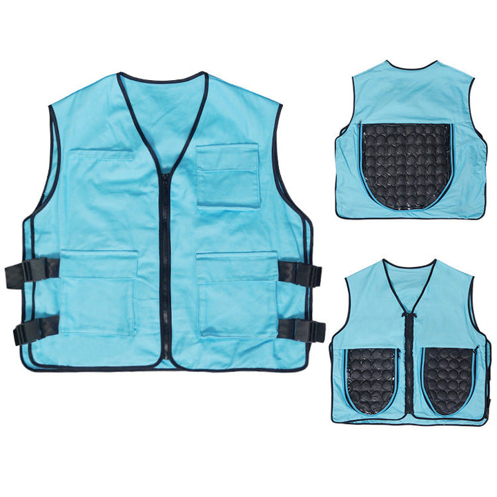 Unisex kylväst med reusable gel cooling inserts, adjustable side buckles, och multiple fickor