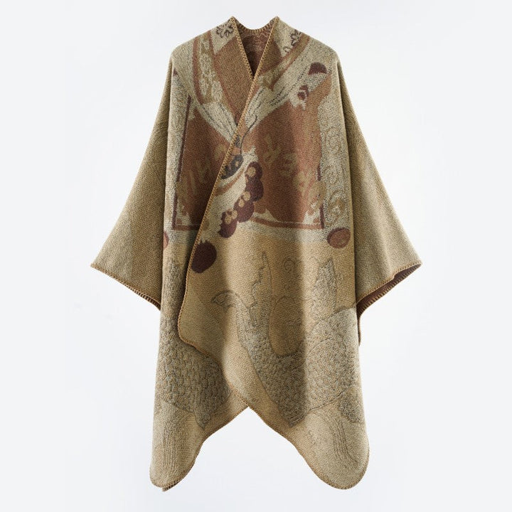 Dam Jacquard poncho med Fish Motif och Open Oversize skärning