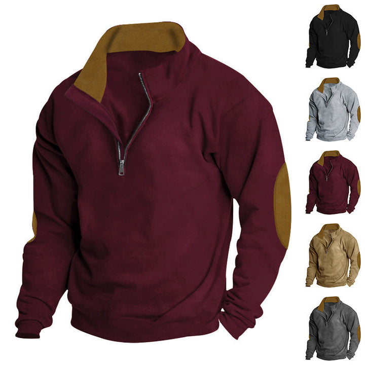 Herr Nano Comfort Pullover med Kort Dragkedja, Ståkrage, Reinforced Elbow Lappar, och Brushed Inner Foder
