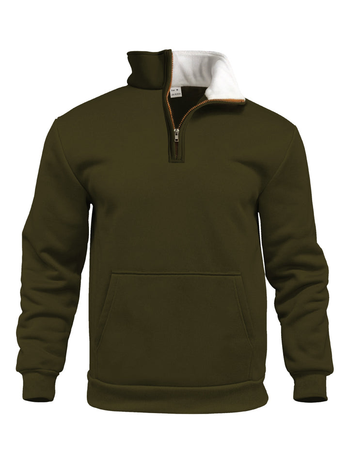 Herr Comfort Halv Dragkedja Sweat med Hög Fleece Krage, Känguruficka och Shape-Stable Ribbad Fåll