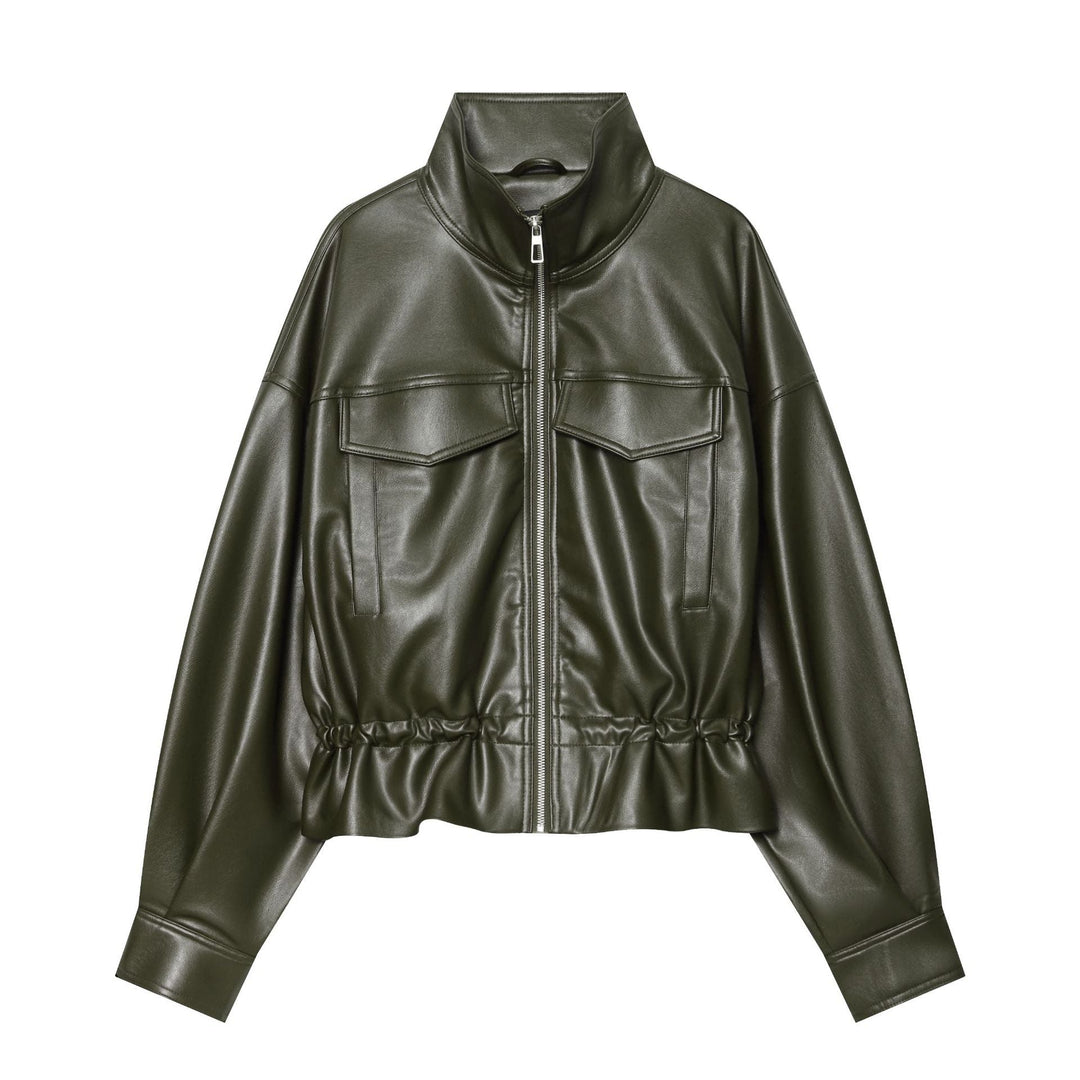 Dam kort konstläder Blouson med dragsko, Patch Flap fickor och hög ståkrage