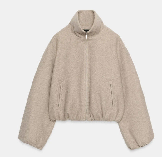 Dam Kort Skärning Bouclé Blouson Jacka med Stå Krage, Elastic Nederkant och Balloon Ärmar