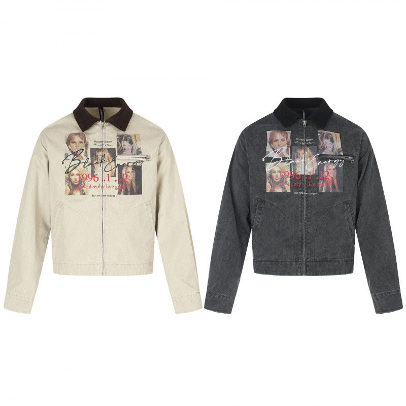 Herr Short-Cut Canvas bomberjacka med Cord Krage och Large Photo Collage Tryck