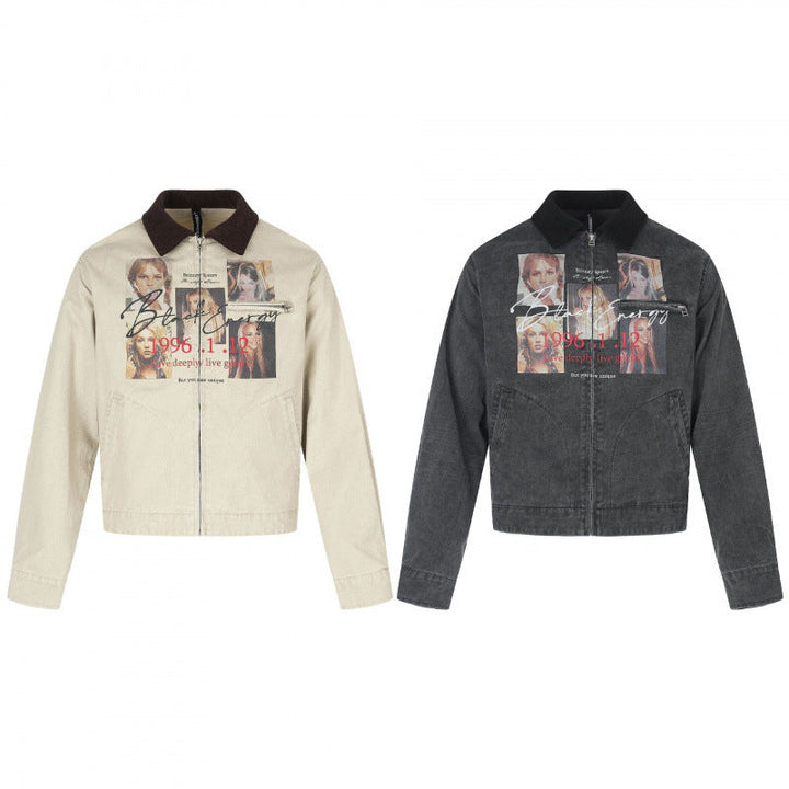 Herr Short-Cut Canvas bomberjacka med Cord Krage och Large Photo Collage Tryck