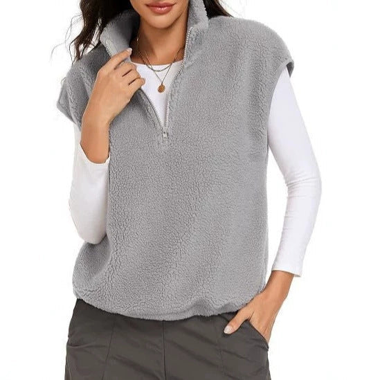 Dam Sleeveless Teddy Fleece Väst med Halv Dragkedja och Ståkrage