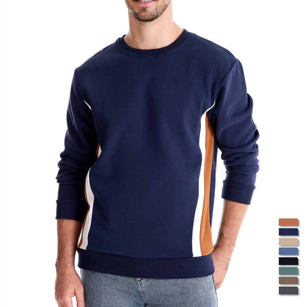 Herr Round Neck College-Tröja Gjord av Bomullsblandning med Contrasting Side Piping och Smal Silhuett