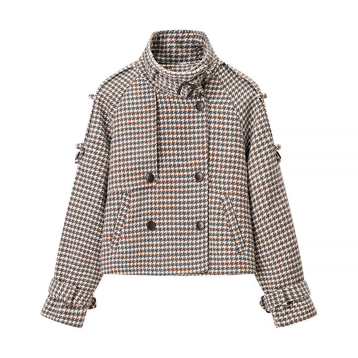 Dam Kort Jacka i Houndstooth med Ståkrage, Dubbel-Breasted och Midja Detaljer