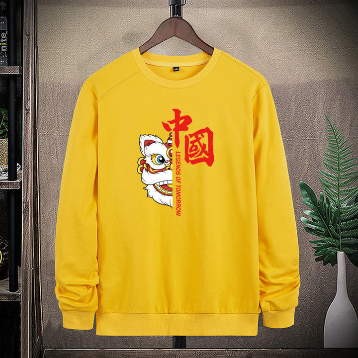 Herr College-Tröja med Traditional Lion Dance Motif och Round Neckline