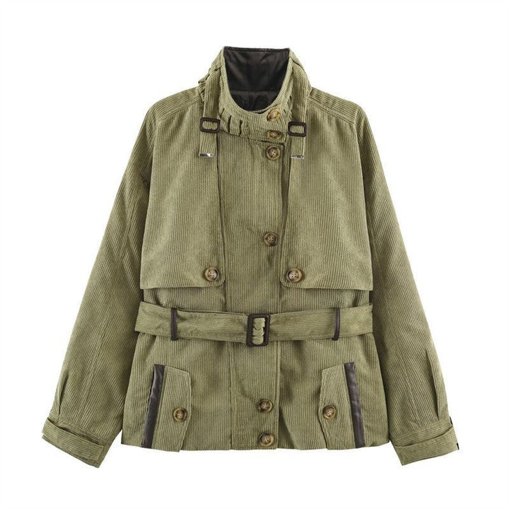 Dam Kort Cord Trenchcoat med Midjebälte, Cape Detail och Ståkrage