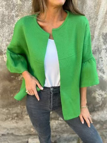 Dam kort jacka gjord textured knit med 3/4 balloon ärmar