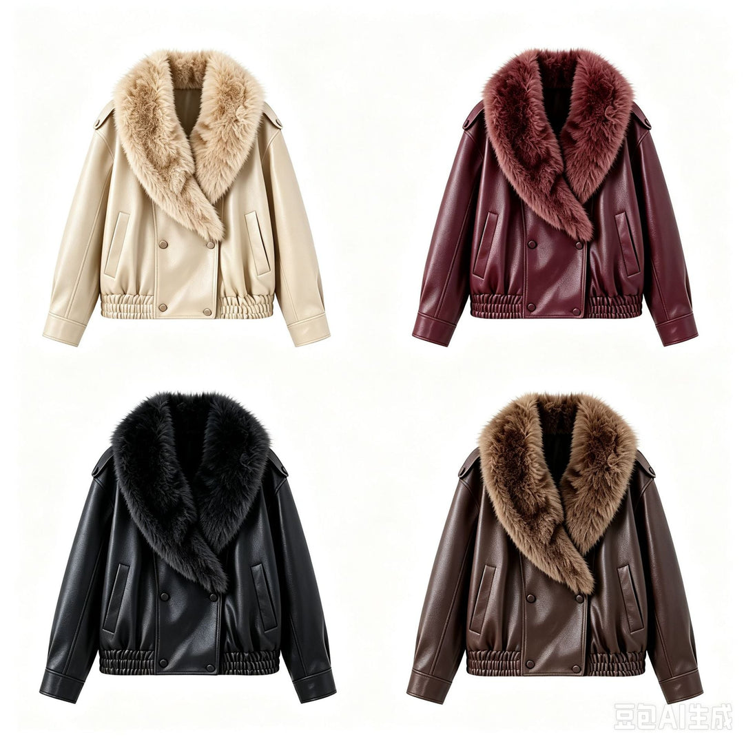 Dam Kort Jacka Tillverkad av Läderlook med Stora Faux Fur Krage