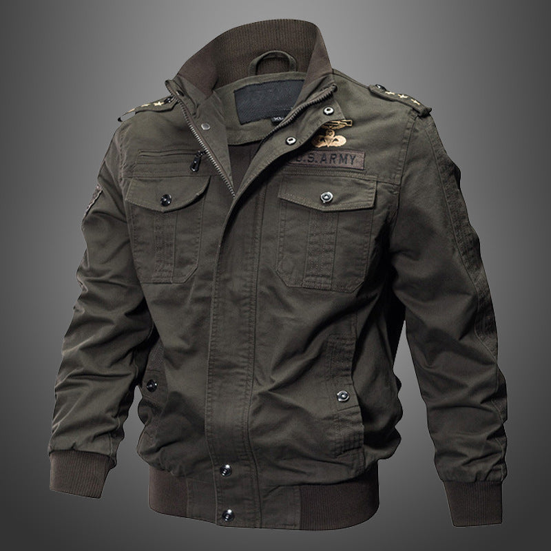 Herr Short Blouson Canvas Fältjacka med Axel Epaulettes, Bröst Lock Fickor, och Ribbad Fåll