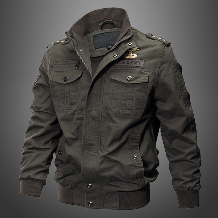 Herr Short Blouson Canvas Fältjacka med Axel Epaulettes, Bröst Lock Fickor, och Ribbad Fåll