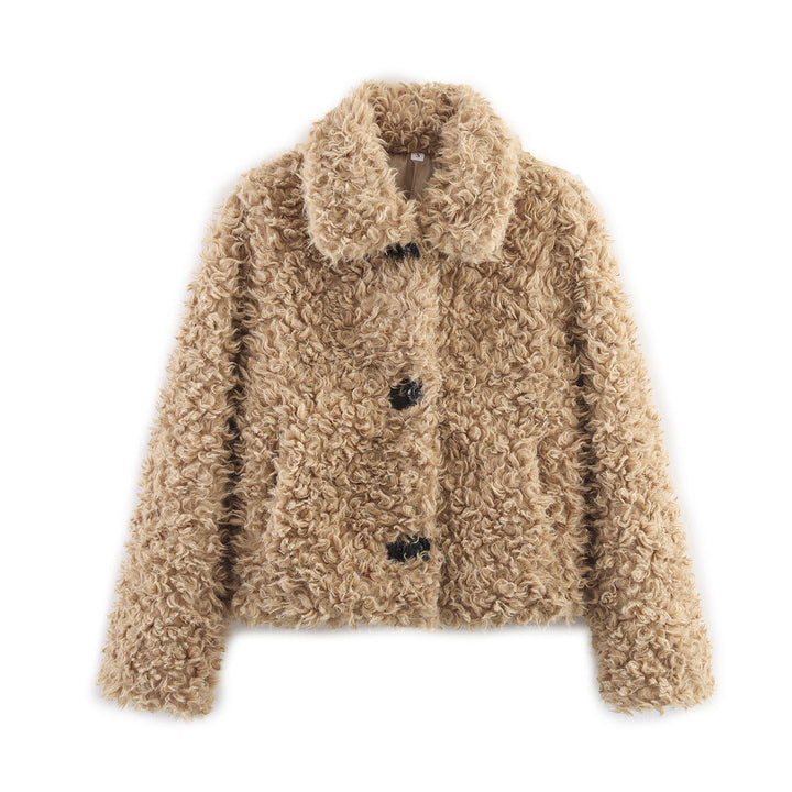Dam kort boucle teddy jacka med curly woven texture, skjortkrage, och button closure