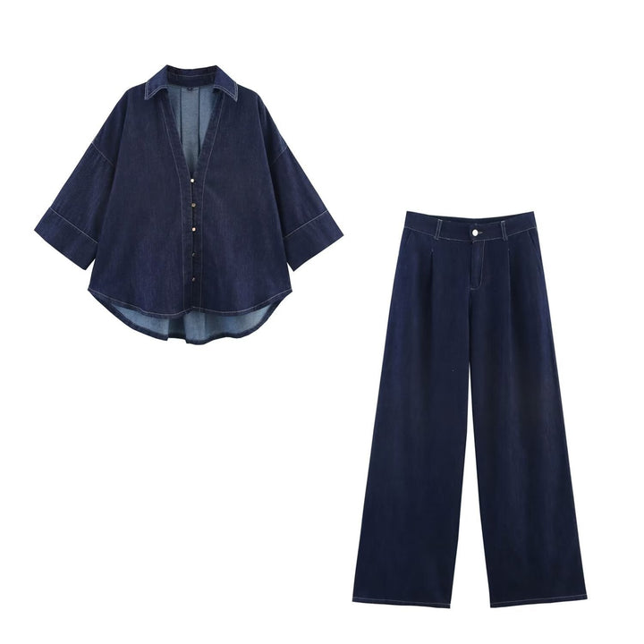 Dam Oversized Denim Skjorta Jacka med Three-Quarter Ärmar och Hög-Low Fåll