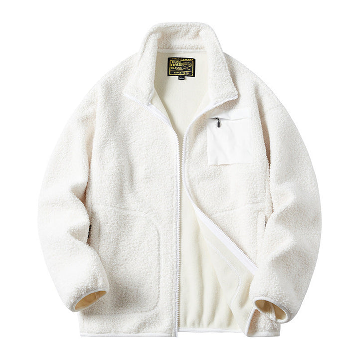 Herr Sherpa Fleece Jacka i Utility Stil med Dragkedja Bröstficka och Stående Krage