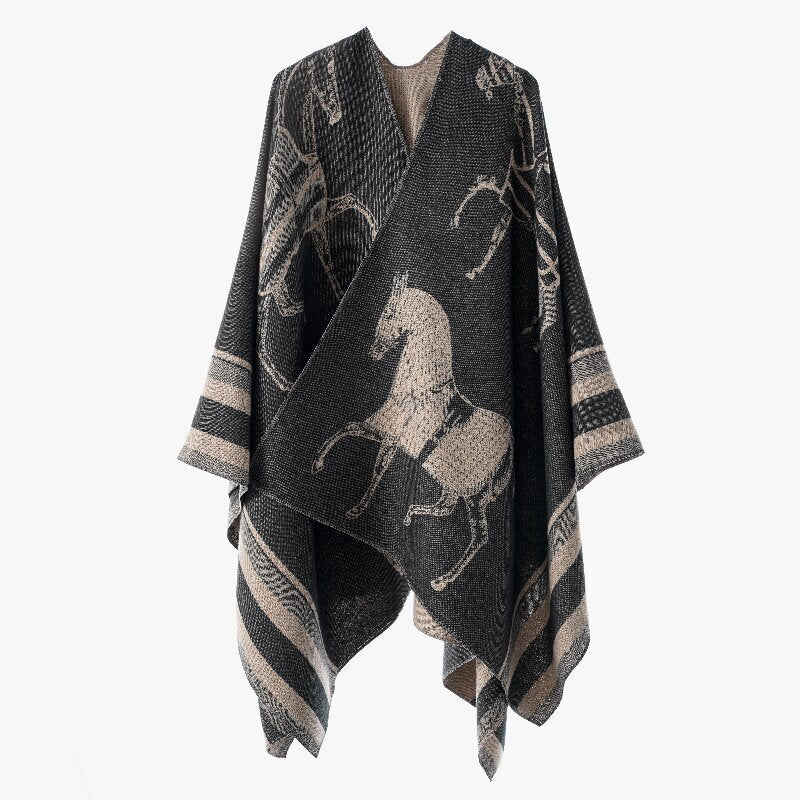 Dam Jacquard Poncho Wrap med Horse Motif och Boxig Kimono Silhuett