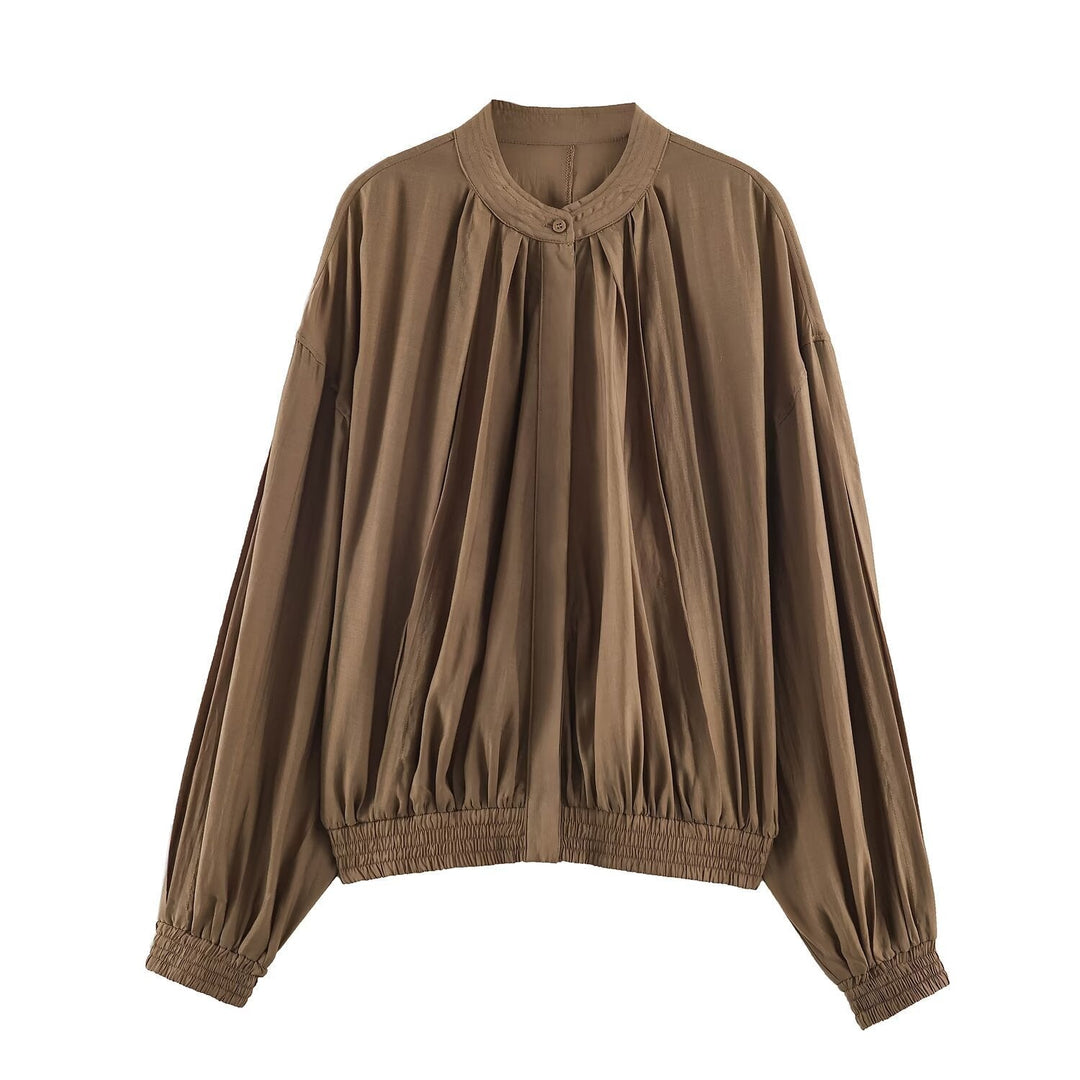 Dam lätt Pleated Blouson jacka med rund krage, Balloon ärmar och Smocked fåll