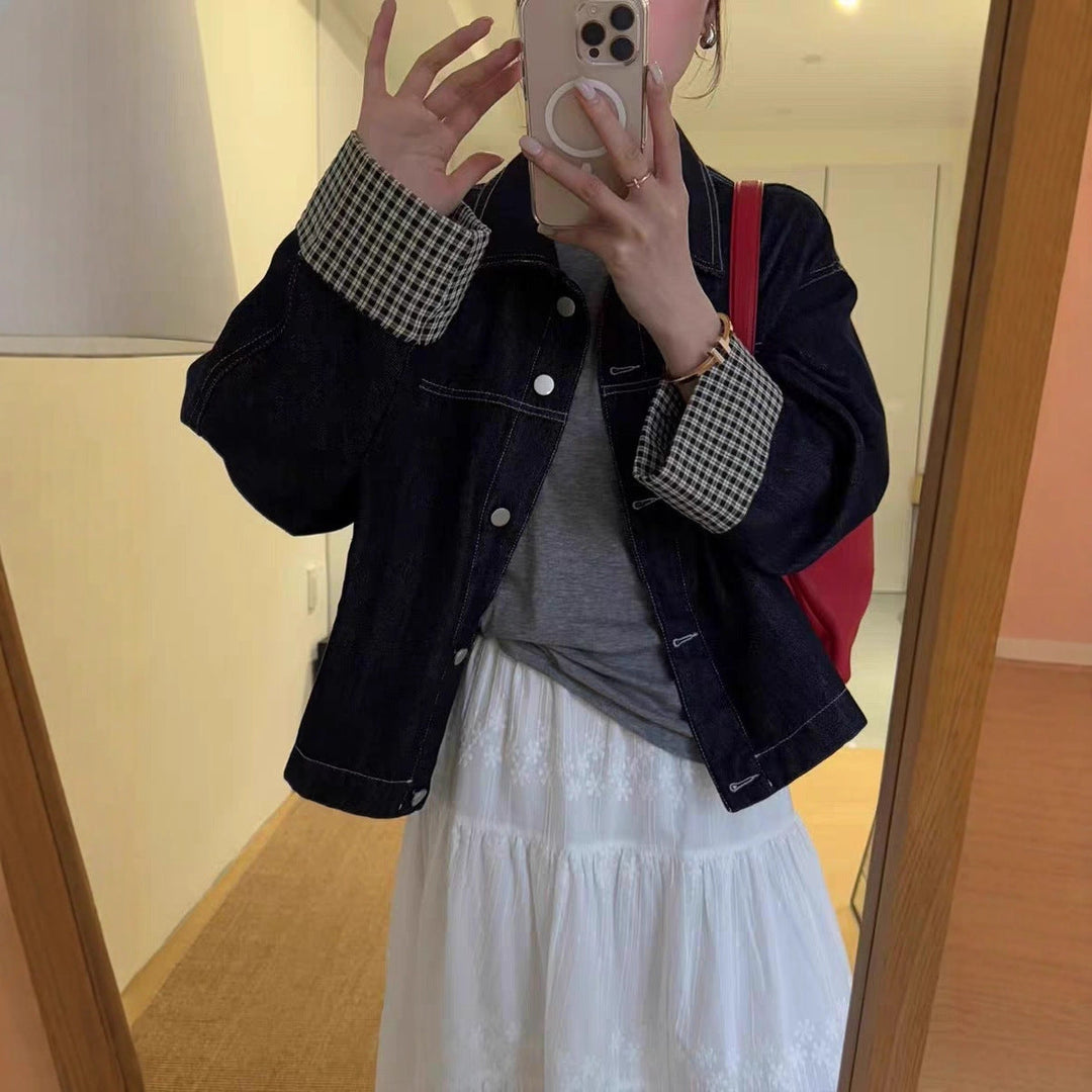 Dam oversize denimjacka med kontrasterande rutig foder och mudd Roll