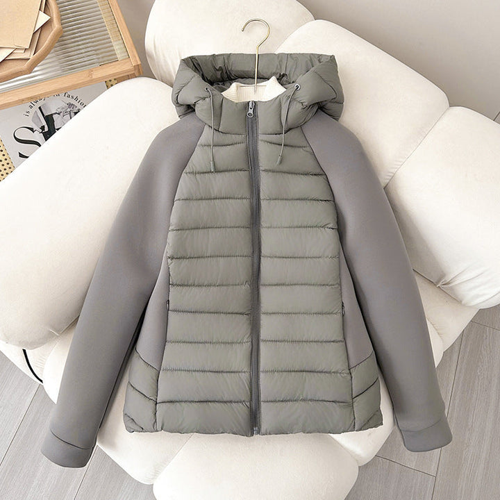 Dam nano kviltad hybrid jacka med huva, softshell ärmar och lätt värmeisolering