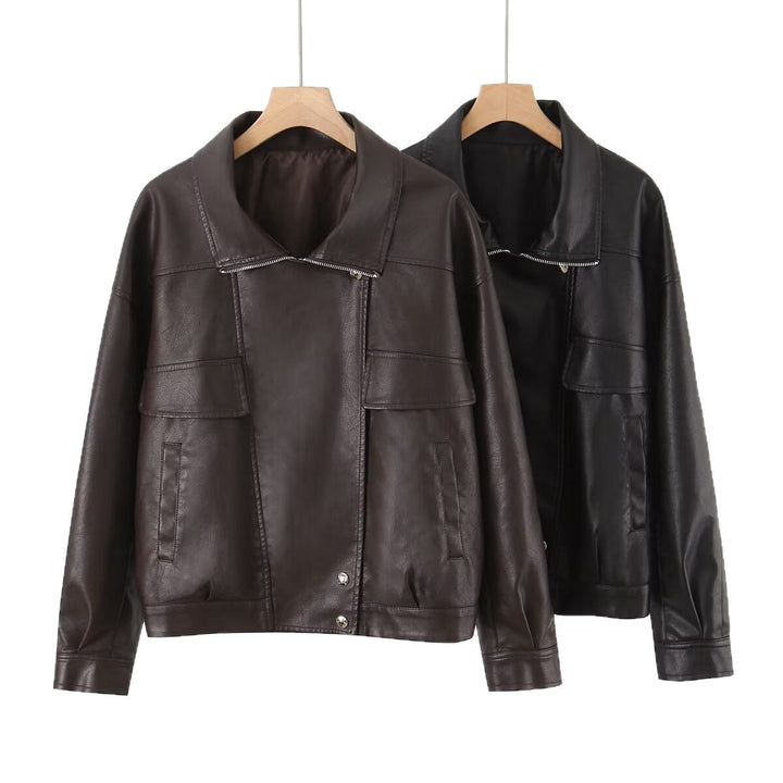 Dam Oversized Konstläder Blouson Jacka med Asymmetric Dragkedja och Lockfickor