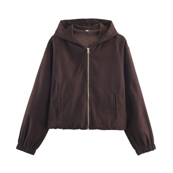 Dam Boxy med huva jacka in sammet look med hel Zip och Elastic fåll