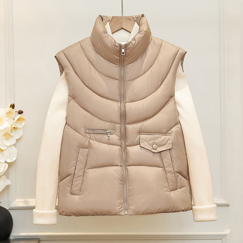 Dam sleeveless quiltad insulation väst med high ståkrage, concealed dragkedja, och multifunctional fickor