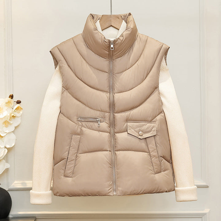 Dam sleeveless quiltad insulation väst med high ståkrage, concealed dragkedja, och multifunctional fickor