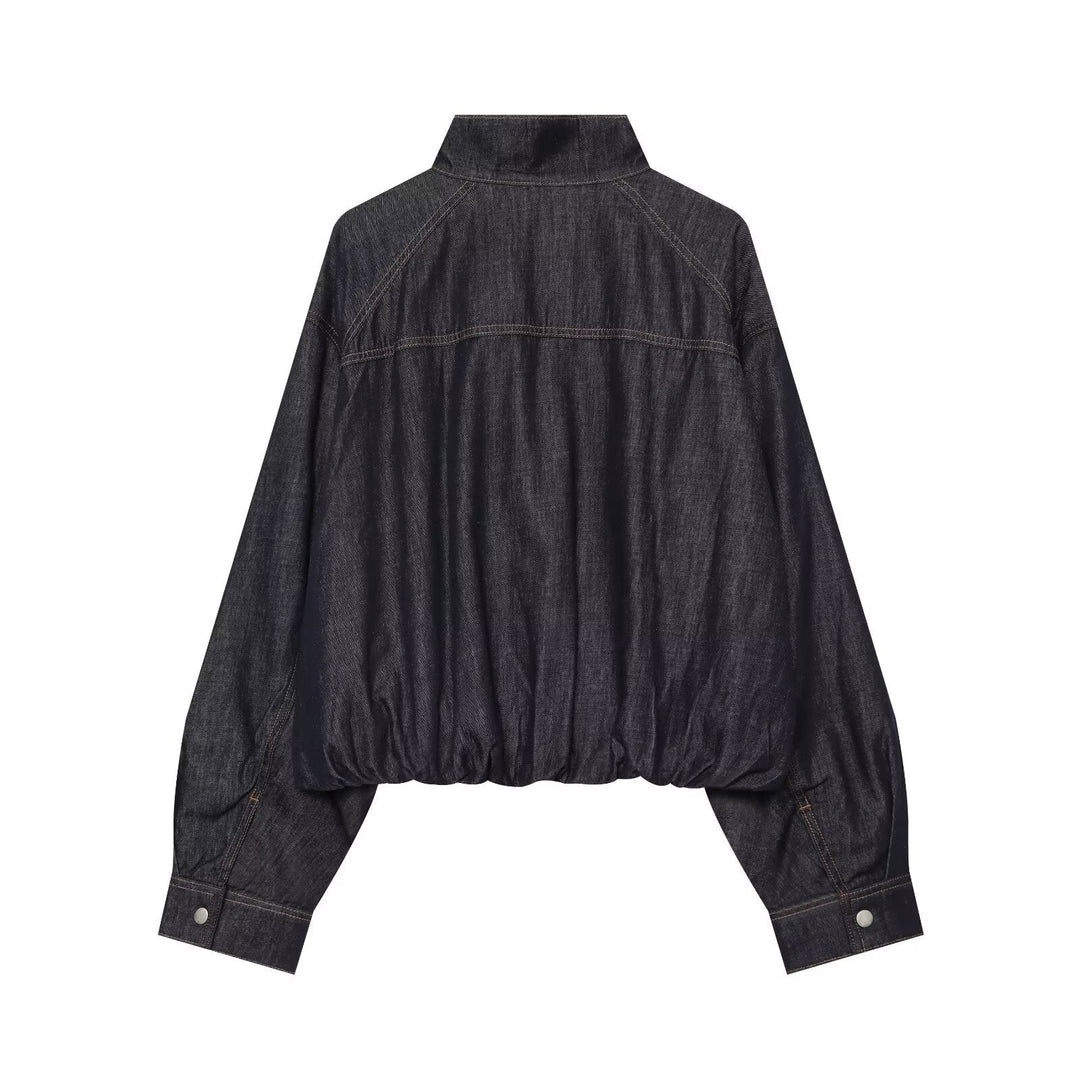 Dam Jeans Kort Blouson med Waist Belt och Hög Stå Krage