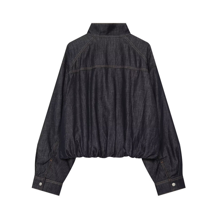 Dam Jeans Kort Blouson med Waist Belt och Hög Stå Krage