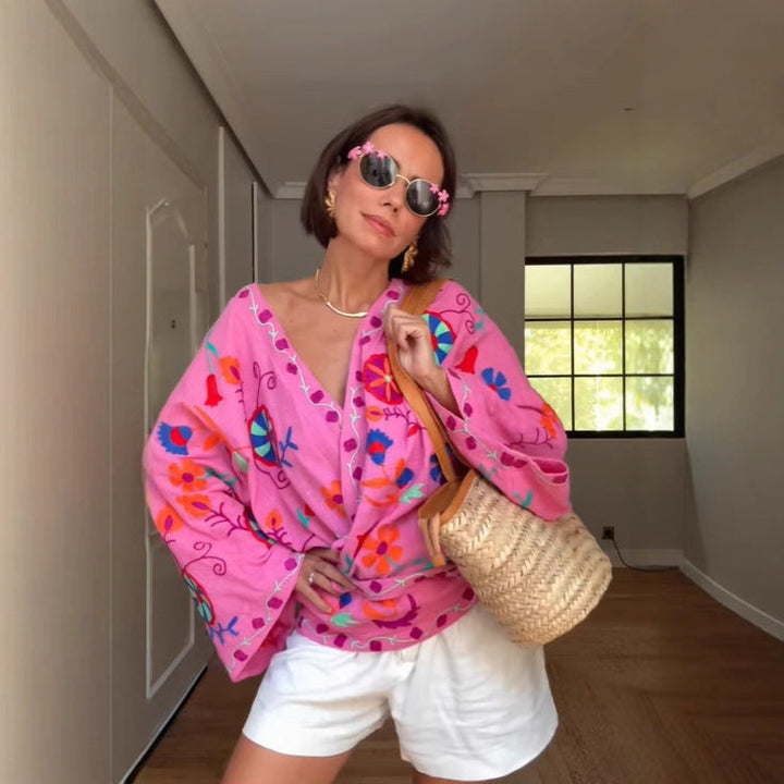 Dam Embroidered Kimono Jacka med Tie Belt och Blommig Application