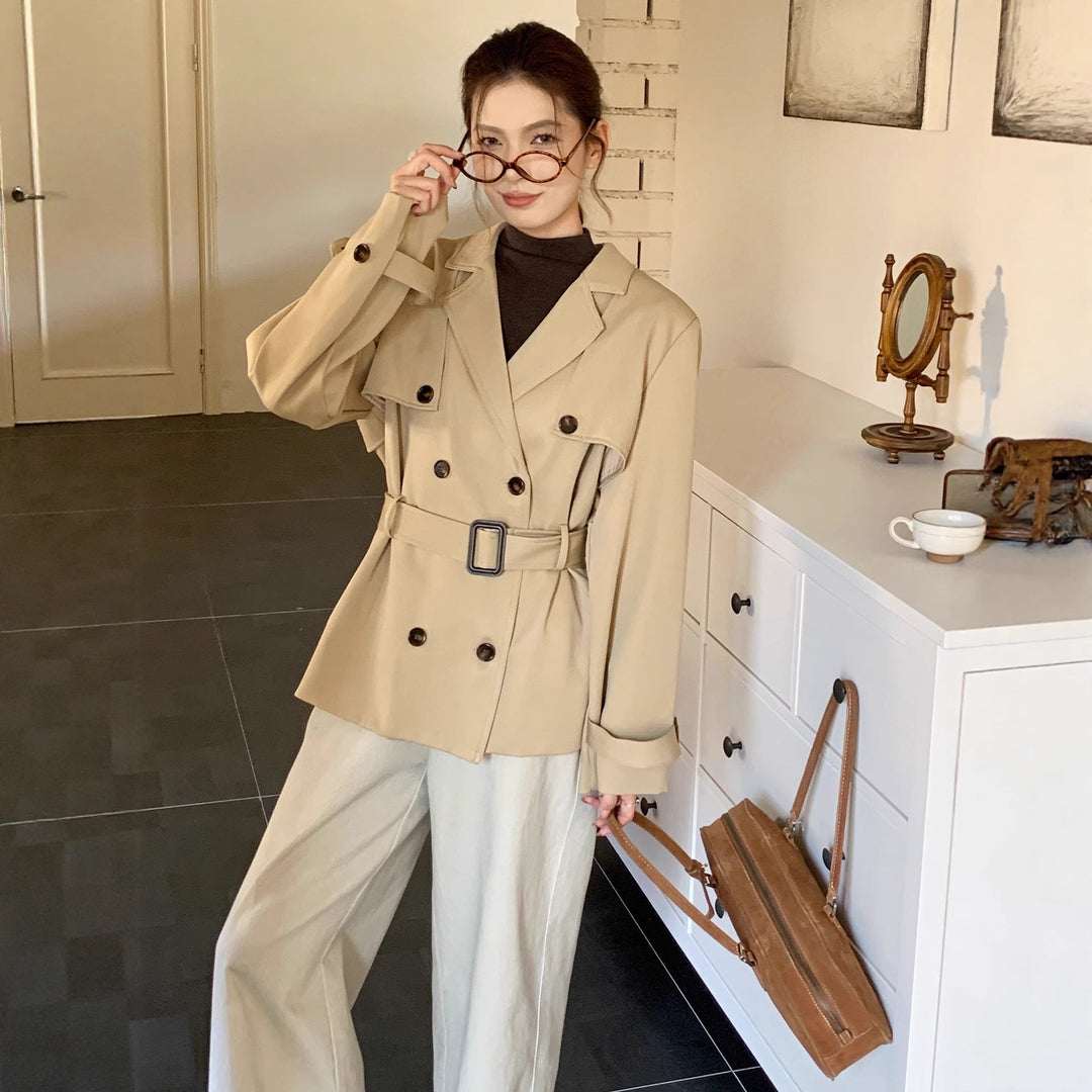 Dam kort trenchcoat in oversize skärning med double row och knytband