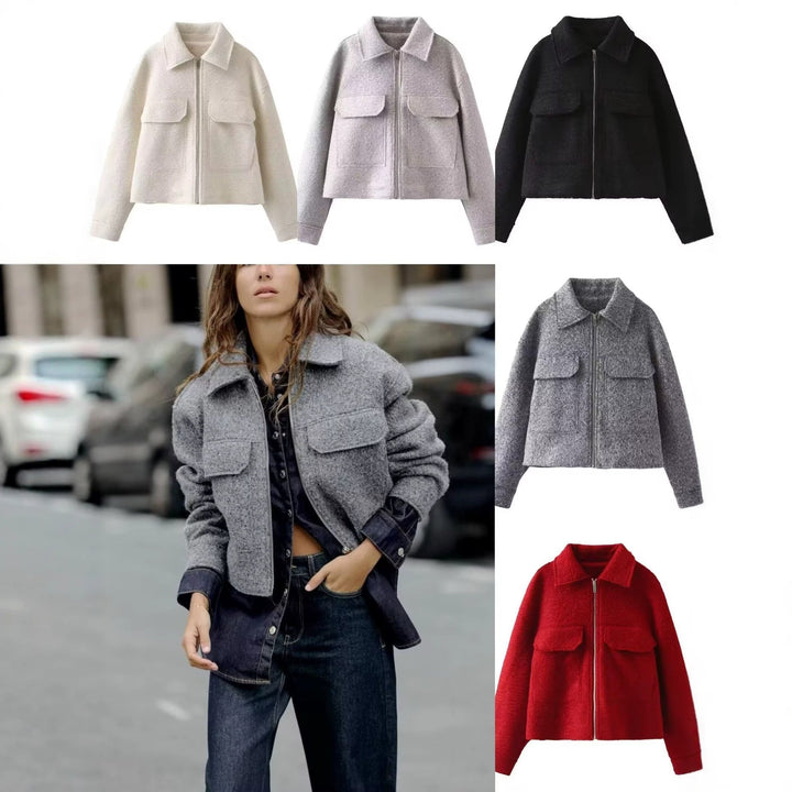 Dam kort Boucle jacka in boxig skärning med Zip och Flap fickor