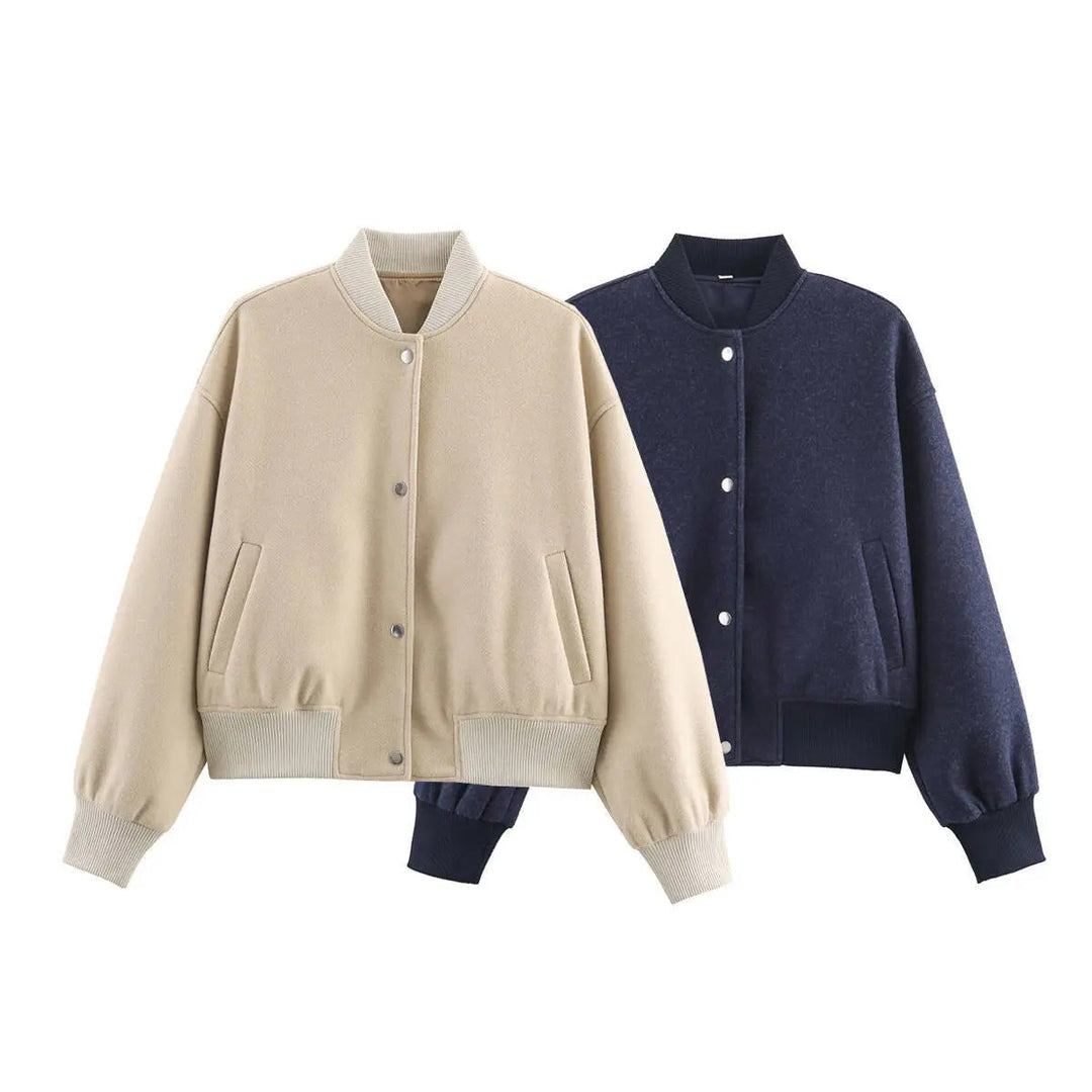 Dam figursydd ull look college jacka med concealed snap knäppning och side slip fickor