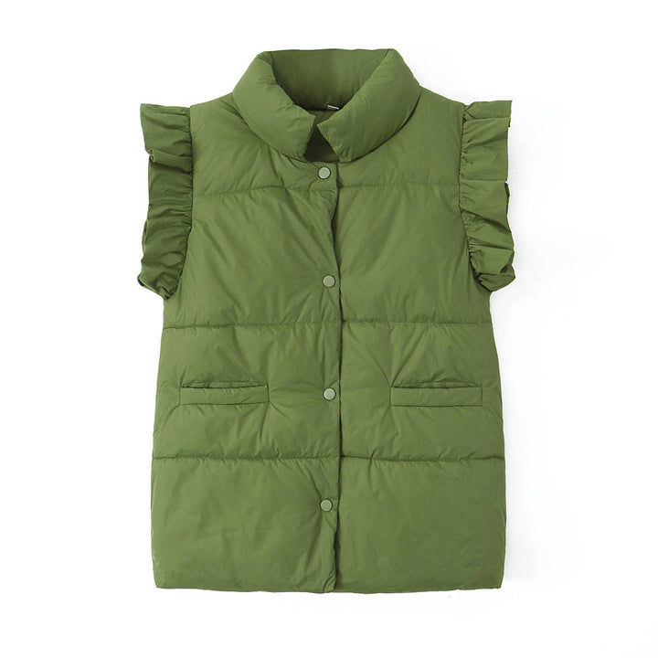 Dam sleeveless quiltad väst med ruffled ärmar, ståkrage, och concealed snap knappar