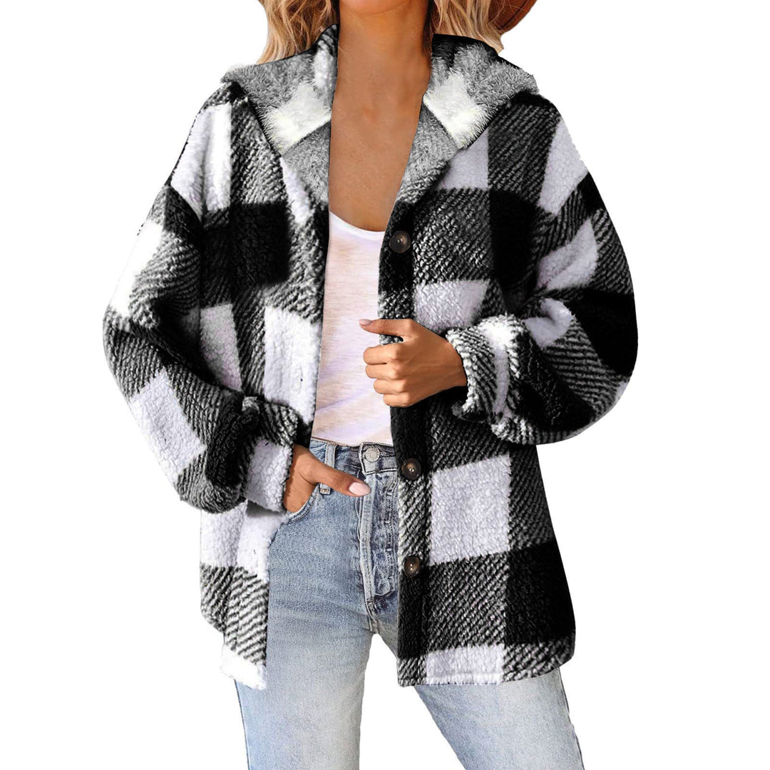 Dam fluffy rutig teddy jacka med huva, button closure och oversized passform