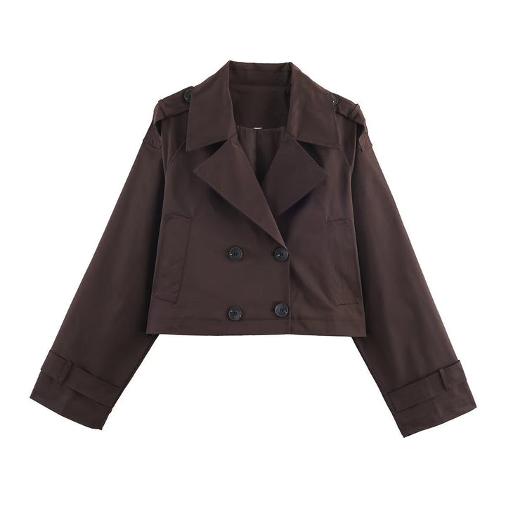 Dam kort Double-Breasted trenchcoat med vid Lapels, Epaulettes och boxig skärning
