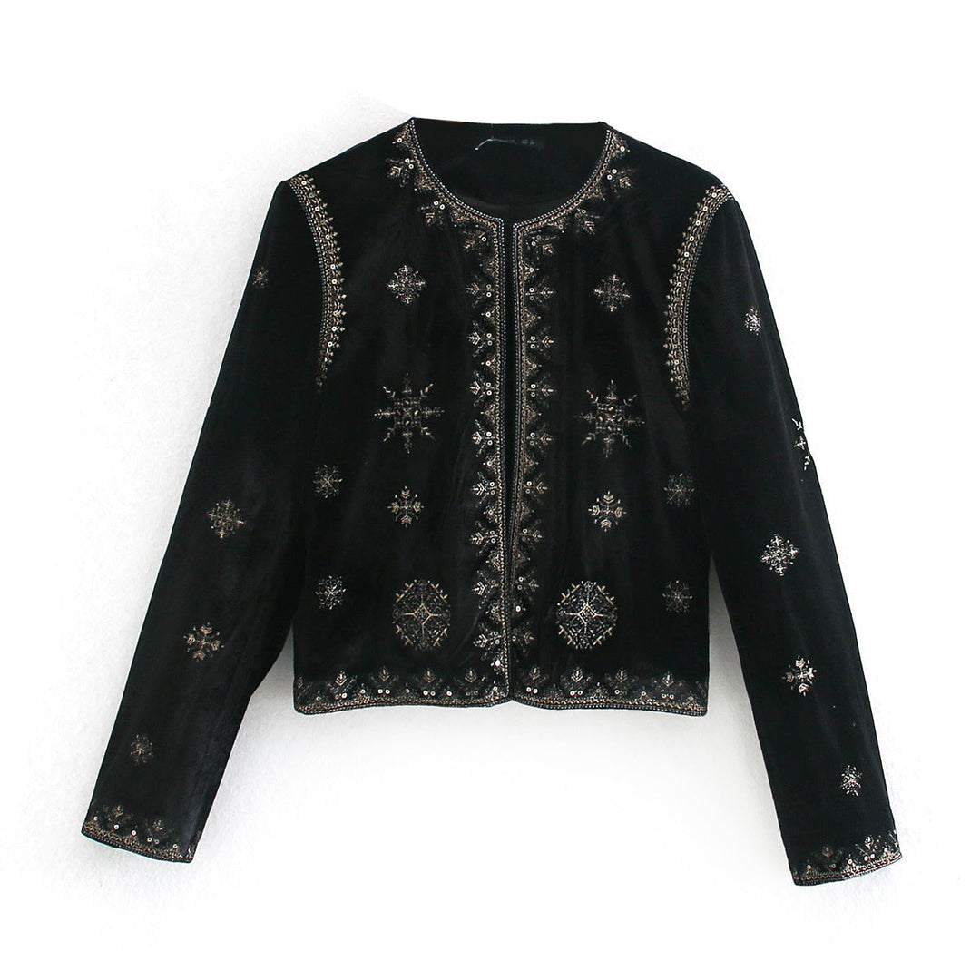 Dam Kort Embroidered Velvet Jacka med Bead och Sequin Decoration