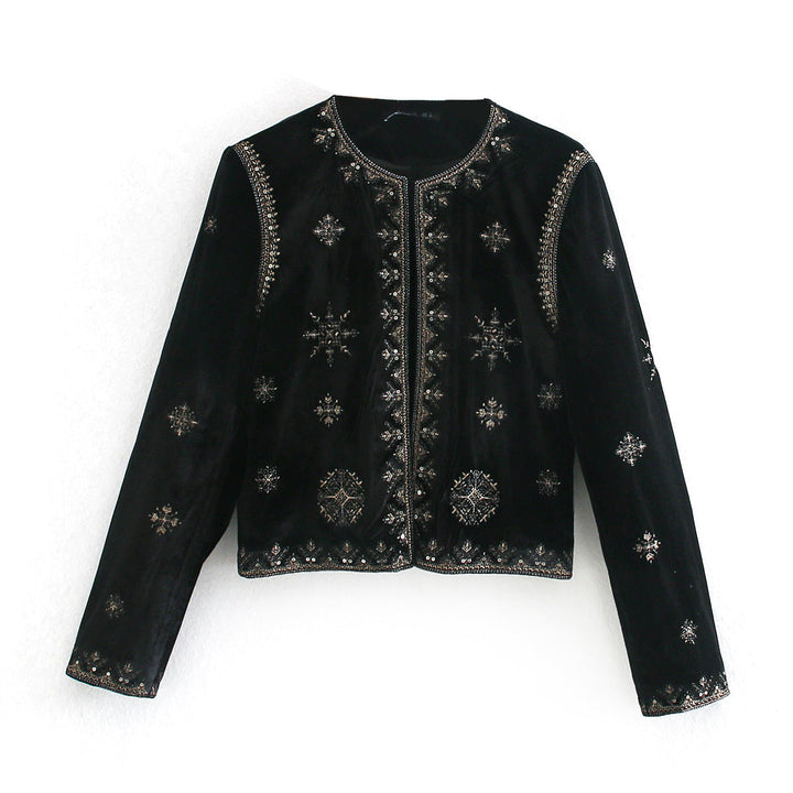 Dam Kort Embroidered Velvet Jacka med Bead och Sequin Decoration