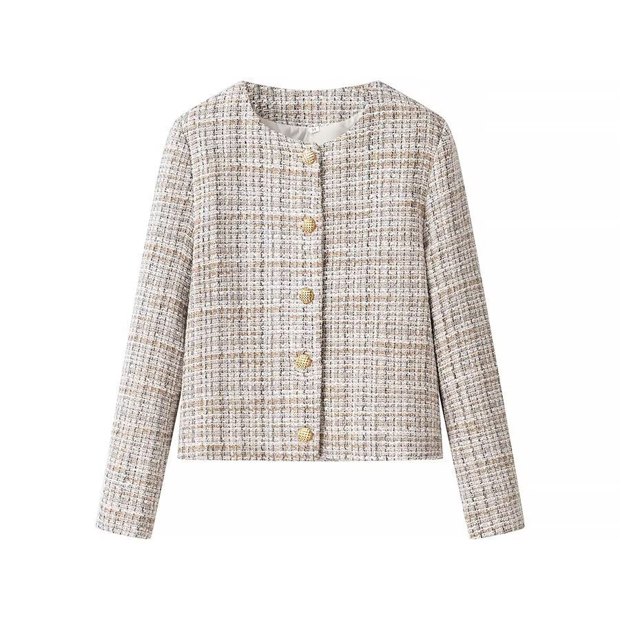 Dam kort jacka gjord bouclé tweed med a round neckline och dekorativ guldknappar