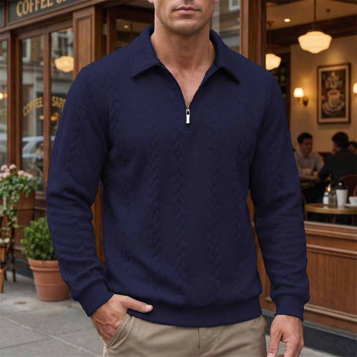 Herr Strukturerad Halv Dragkedja Pullover med Turtle Neck, Fin Cable Mönster och Elastiska Muddar