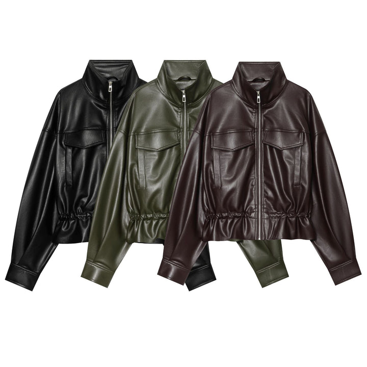 Dam kort konstläder Blouson med dragsko, Patch Flap fickor och hög ståkrage