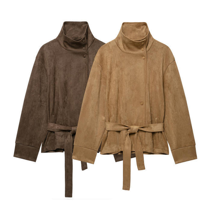 Dam Kort Suede Utilityjacka med Hög Stå Krage och Tie Belt