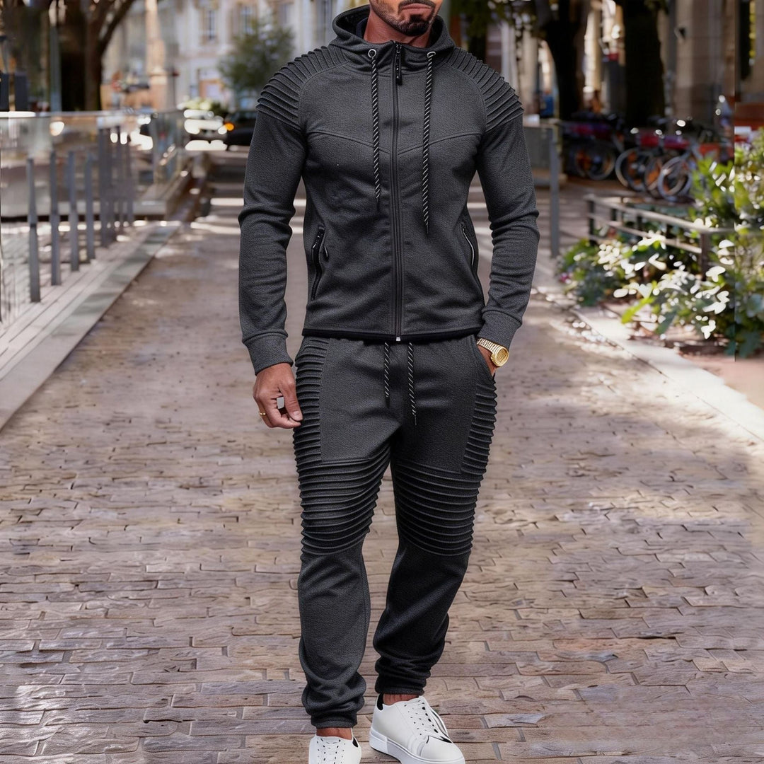 Herr Sportig Luvtröja Sweat Set med Ribbad Biker Panels